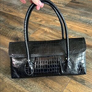 Alfani Glossy Black Crocodile Embossed Shoulder Bag